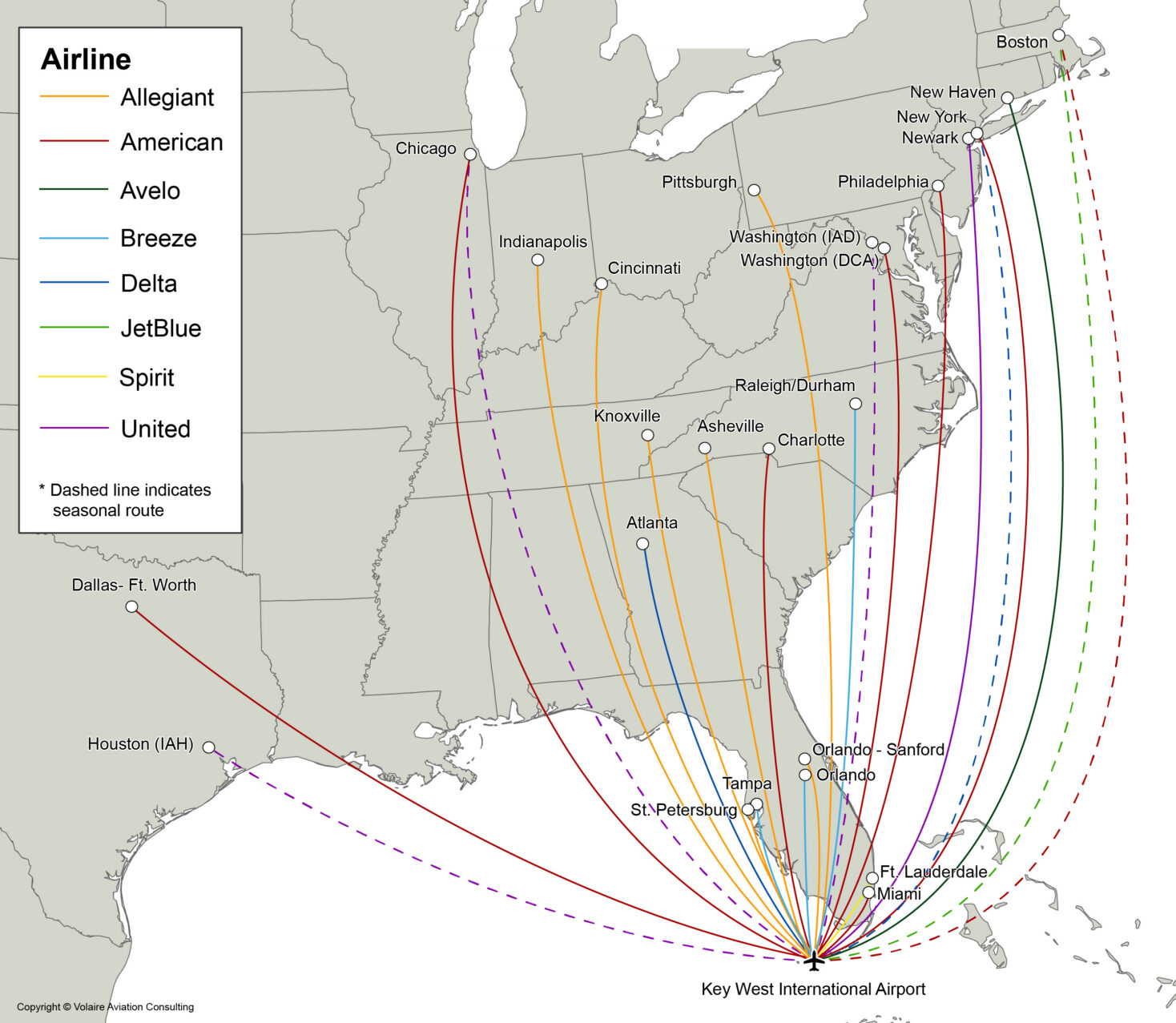 Eyw Airlineroutemap 0725 Route map courtesy of Volaire Aviation Consulting, via Key West International Airport (EYW).